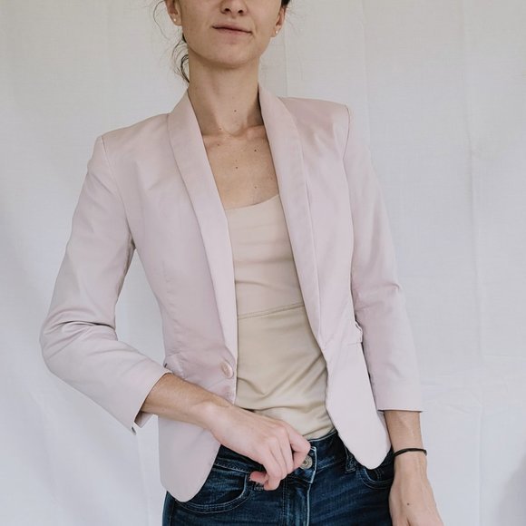 H&M Light Pink 3/4 Sleeve One Button Notch Collar Cropped Blazer Jacket Size 2